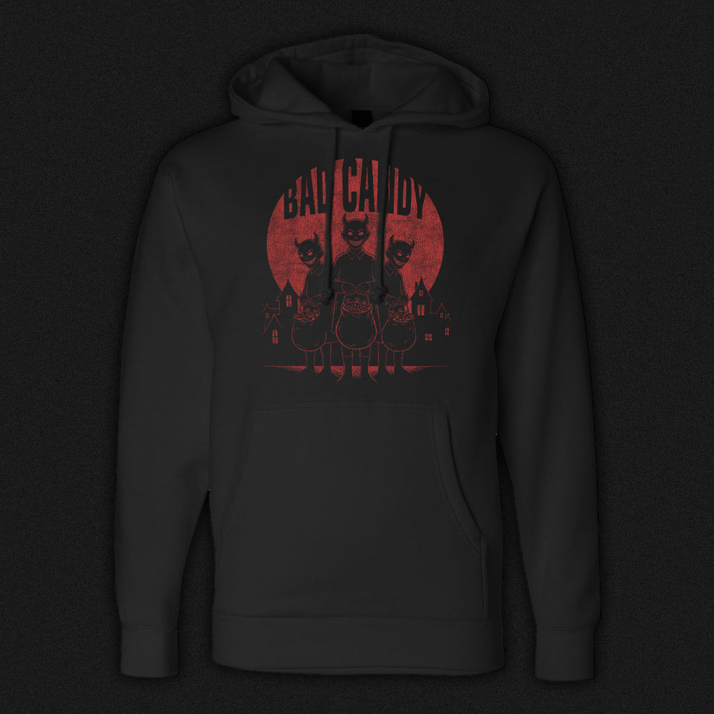 Black heaavyweight hoodie featuring three sinister trick-or-treaters on Halloween.