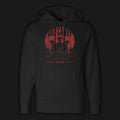 Black heaavyweight hoodie featuring three sinister trick-or-treaters on Halloween.