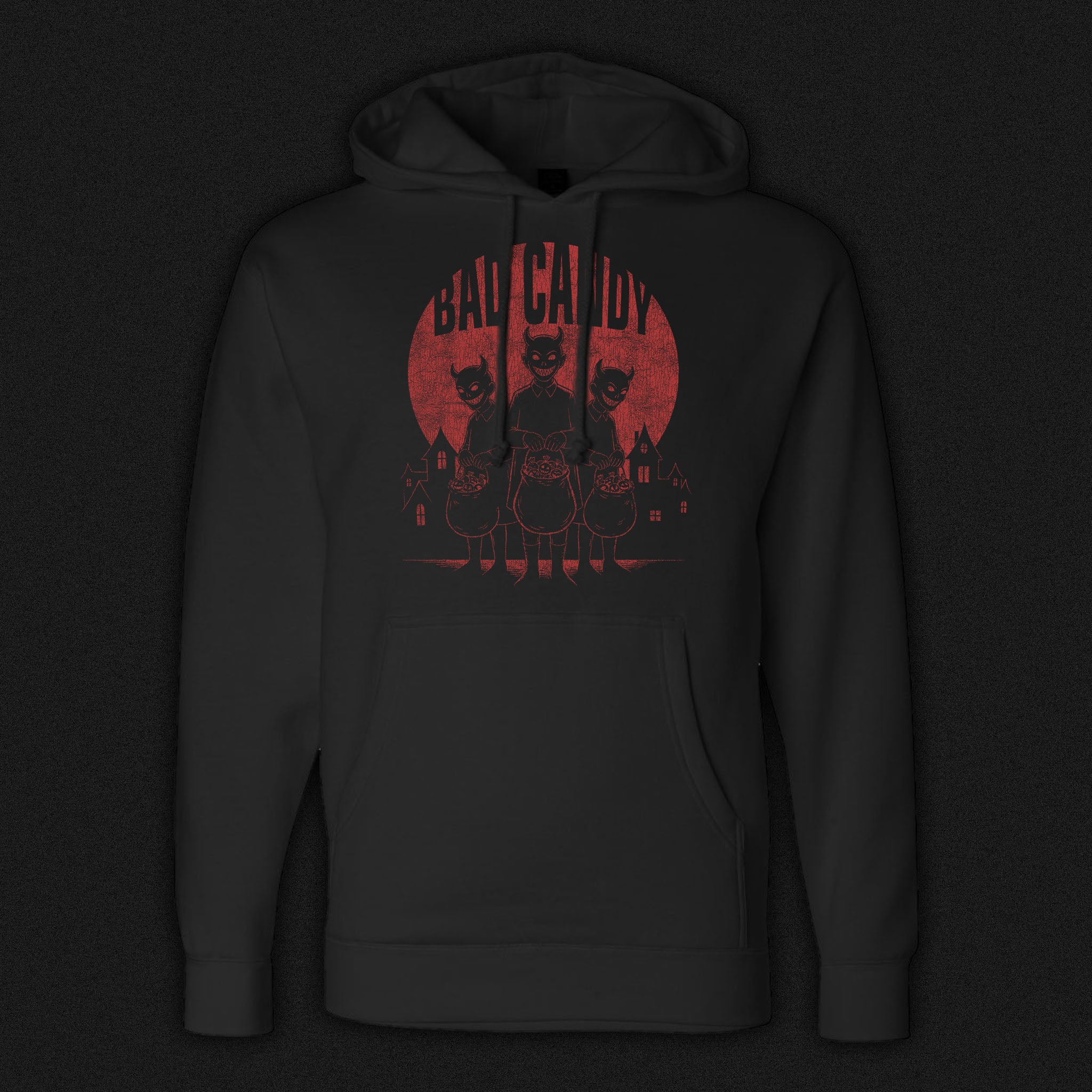 Black heaavyweight hoodie featuring three sinister trick-or-treaters on Halloween.