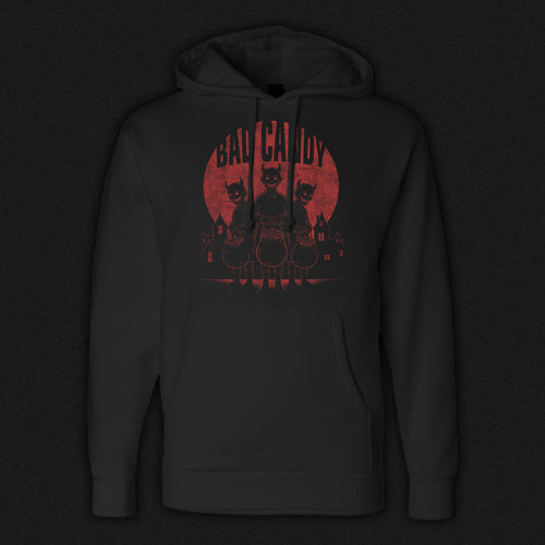 Black heaavyweight hoodie featuring three sinister trick-or-treaters on Halloween.