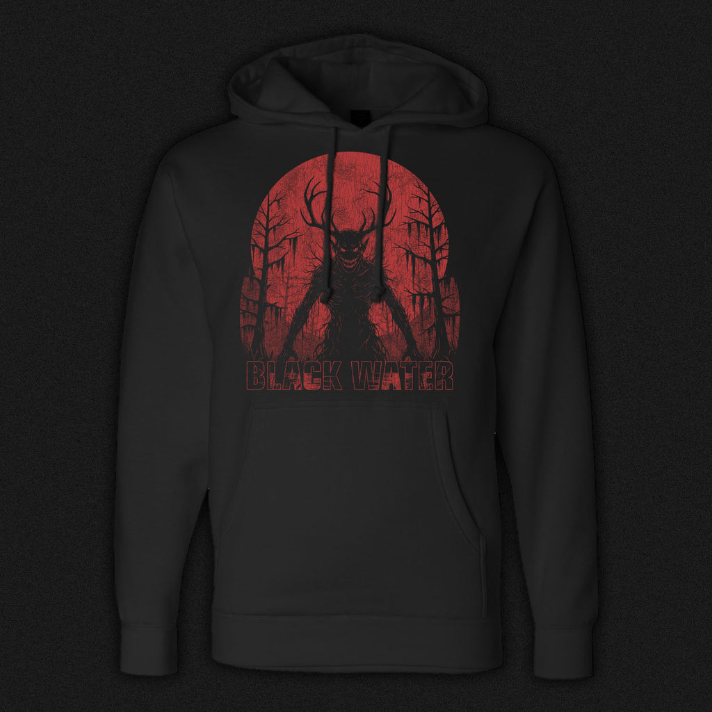 Black heavyweight hoodie with red swamp monster design design 