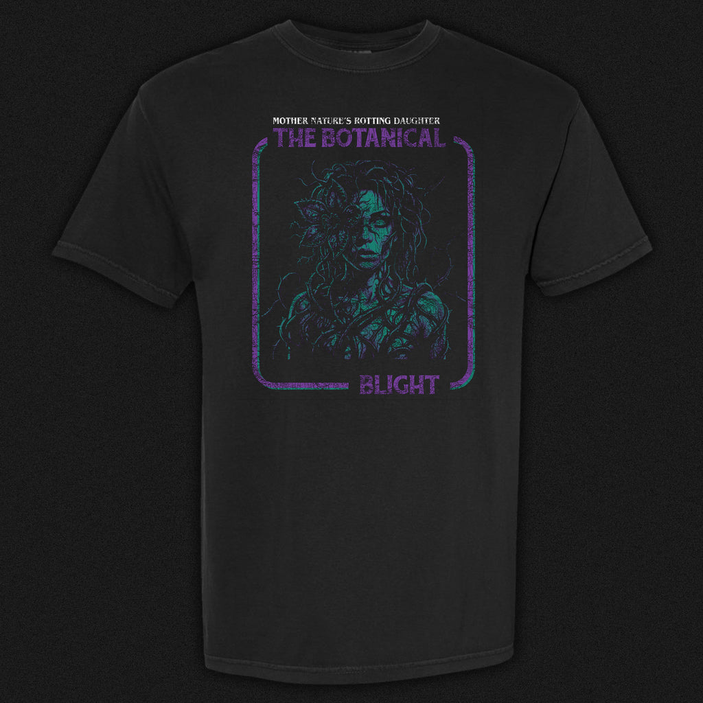 Botanical Blight vintage horror graphic tee featuring a figure overtaken by plant growth in purple and blue on a black Comfort Colors tee.