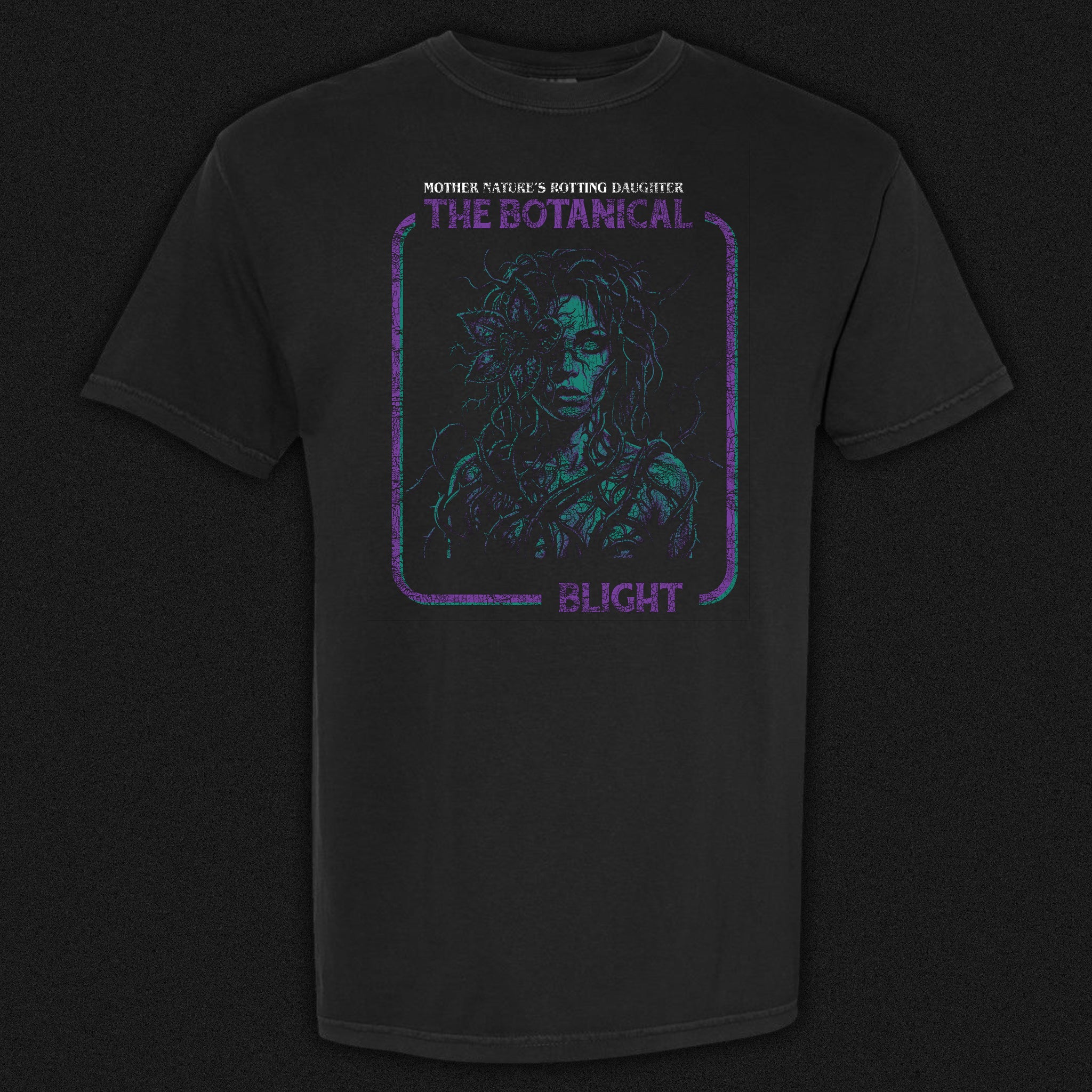 Botanical Blight vintage horror graphic tee featuring a figure overtaken by plant growth in purple and blue on a black Comfort Colors tee.