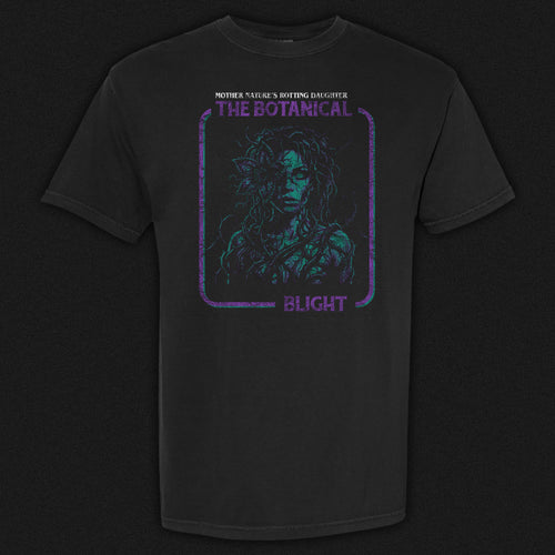 Botanical Blight vintage horror graphic tee featuring a figure overtaken by plant growth in purple and blue on a black Comfort Colors tee.