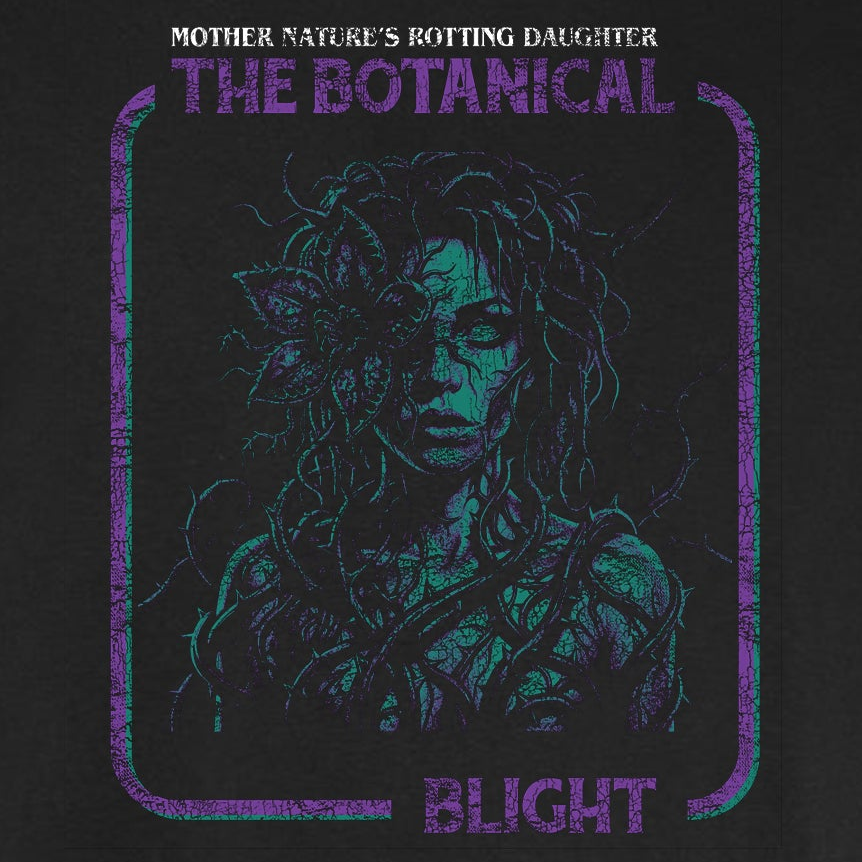 Botanical Blight vintage horror graphic tee featuring a figure overtaken by plant growth in purple and blue on a black Comfort Colors tee.