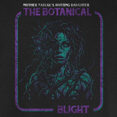 Botanical Blight vintage horror graphic tee featuring a figure overtaken by plant growth in purple and blue on a black Comfort Colors tee.
