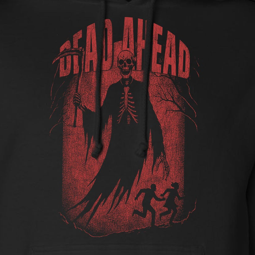 Black hoodie with red graphic design on a dark background