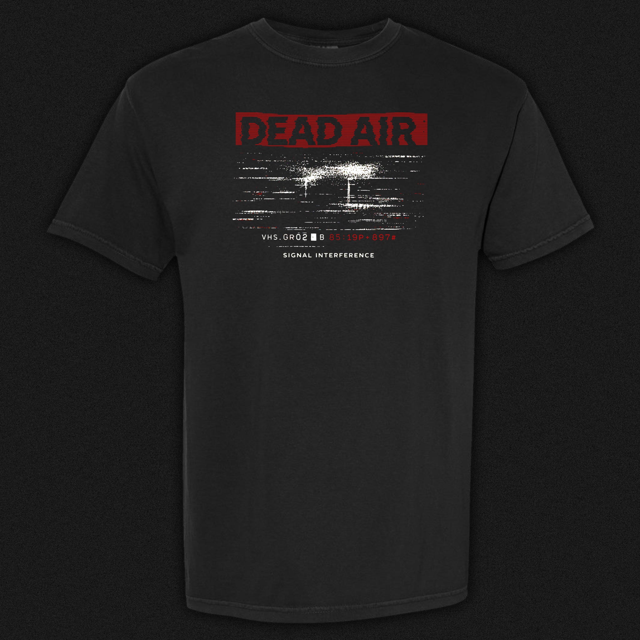 Black t-shirt with 'Dead Air' graphic design on a dark background