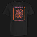 The Fantastic Flesh Pit vintage horror graphic tee featuring a merged astronaut monstrosity in purple and orange on a black Comfort Colors tee.