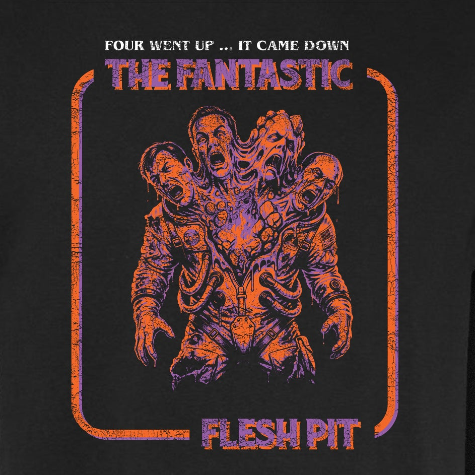 The Fantastic Flesh Pit vintage horror graphic tee featuring a merged astronaut monstrosity in purple and orange on a black Comfort Colors tee.