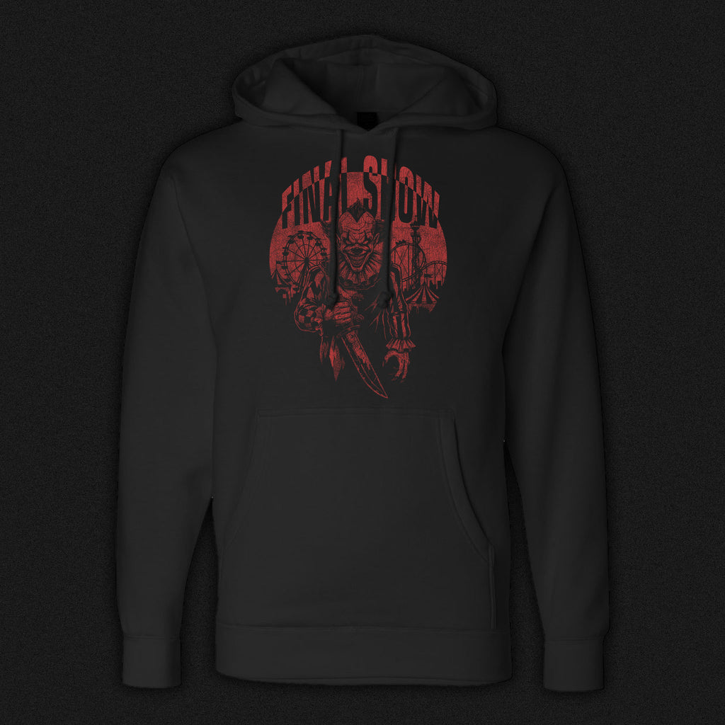 Black heavyweight hoodie featuring red killer clown graphic design