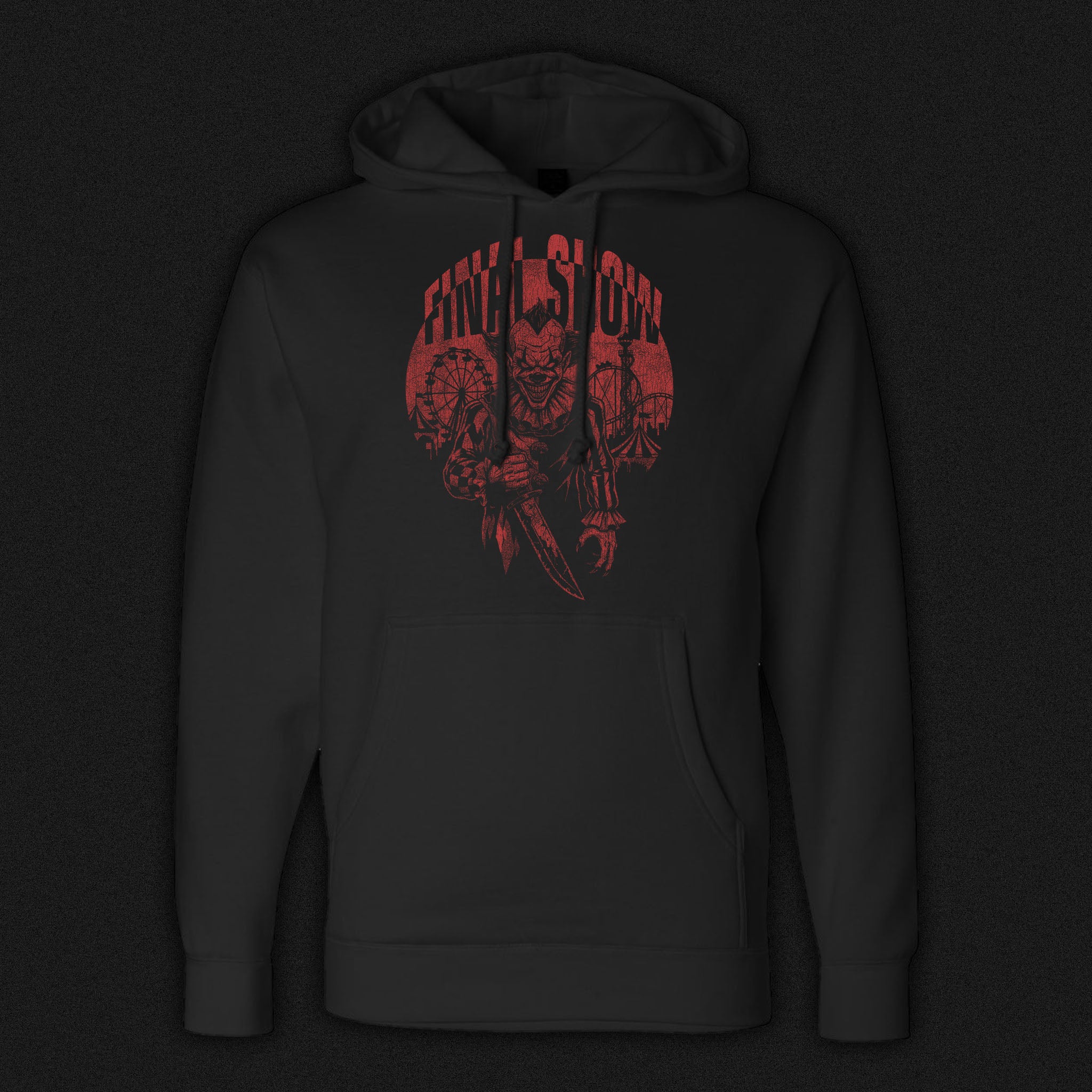Black heavyweight hoodie featuring red killer clown graphic design