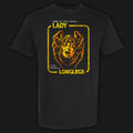 Lady Longlegs vintage horror graphic tee featuring a giant spider with a screaming woman's face in orange and yellow on a black Comfort Colors tee.