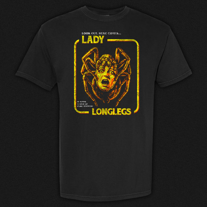 Lady Longlegs vintage horror graphic tee featuring a giant spider with a screaming woman's face in orange and yellow on a black Comfort Colors tee.