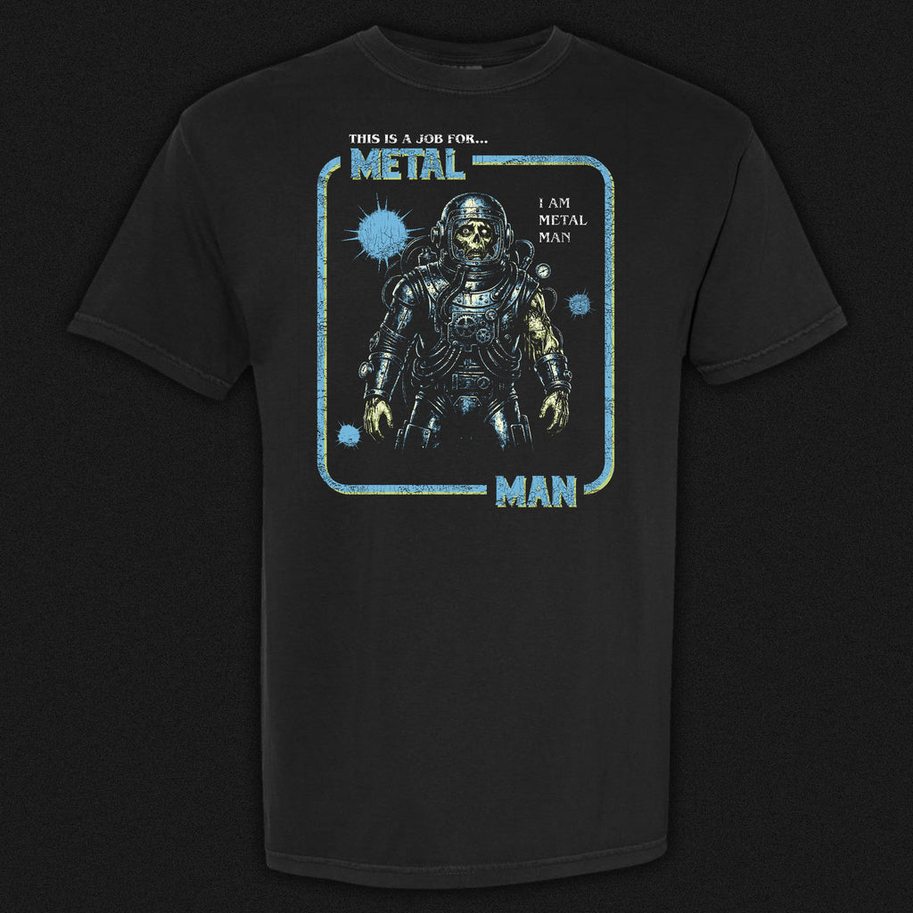 Metal Man vintage horror graphic tee featuring a skeletal green figure fused with retro metal armor on a black Comfort Colors tee.
