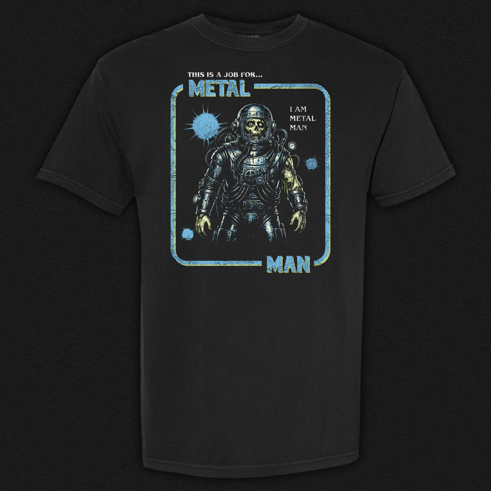 Metal Man vintage horror graphic tee featuring a skeletal green figure fused with retro metal armor on a black Comfort Colors tee.