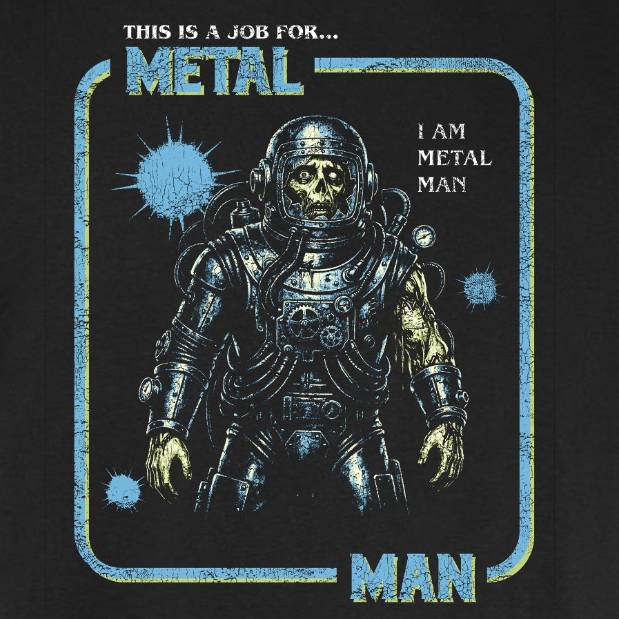 Metal Man vintage horror graphic tee featuring a skeletal green figure fused with retro metal armor on a black Comfort Colors tee.