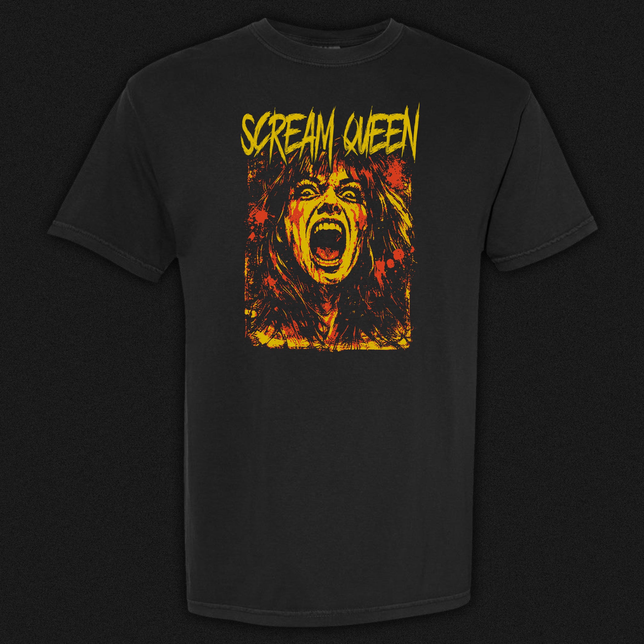 Black t-shirt with 'Scream Queen' graphic design on a black background