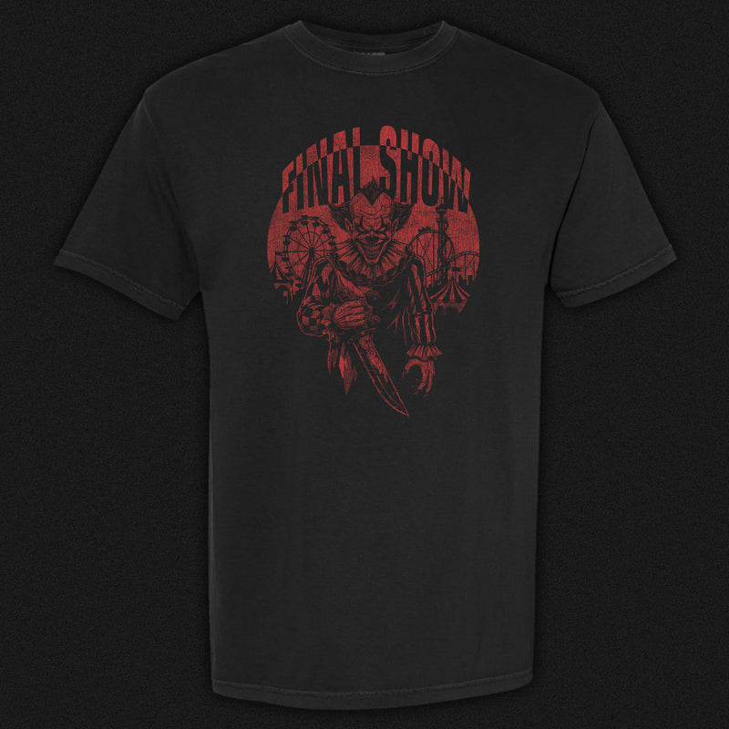 The Final Show killer clown graphic tee design, dRed Series by Killer Cut Clothing