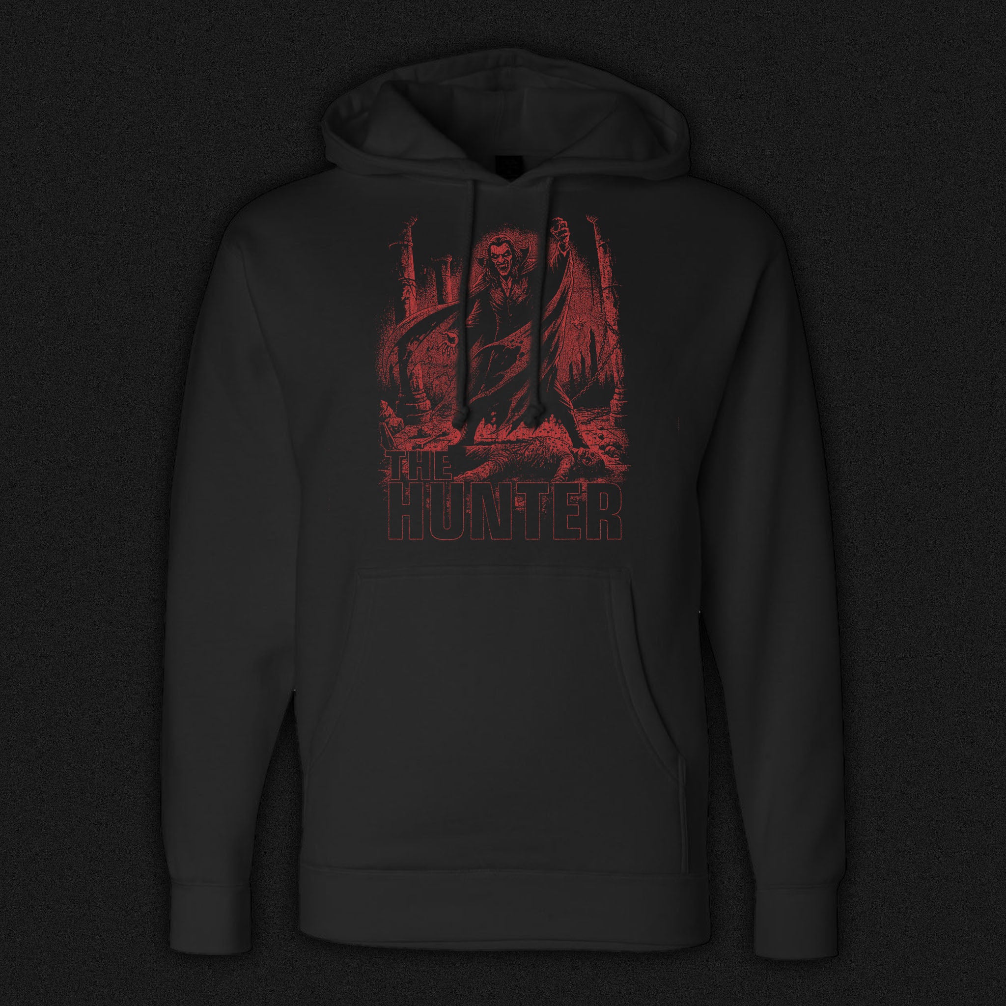 Black hoodie with vintage red vampire design